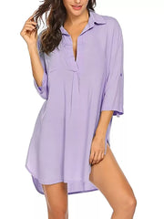 Light Purple oversized collared shirt with buttoned placket and roll-tab sleeves.