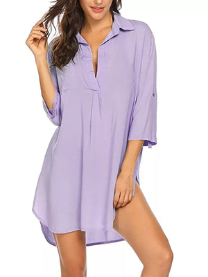 Light Purple oversized collared shirt with buttoned placket and roll-tab sleeves.