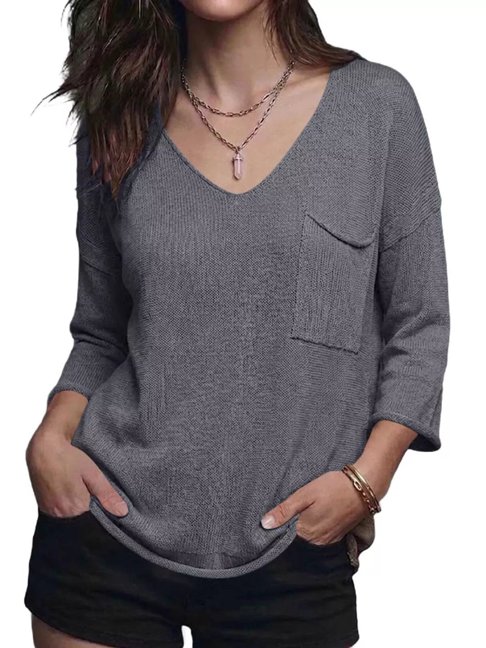 V-neck Chest Pocket Knit Top in Black, view 22