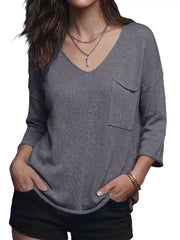 V-neck Chest Pocket Knit Top in Black, view 22