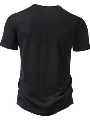 Men's black cotton blend t-shirt with short sleeves and curved hem