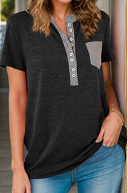 Dark Gray Henley Tee with contrast collar, button placket, and patch pocket.