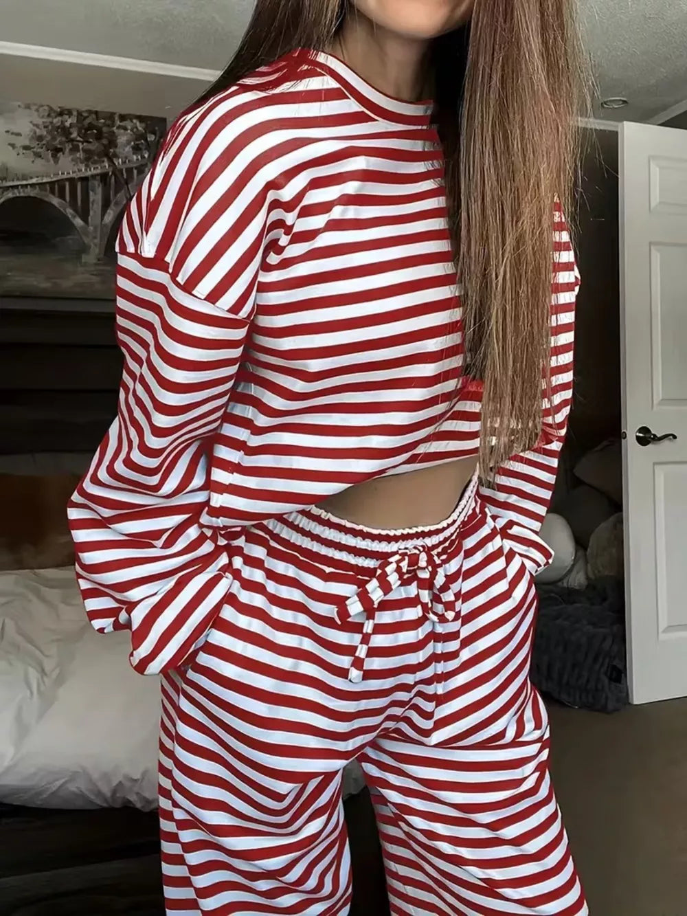 Scarlet striped two-piece lounge set with drawstring pants and long sleeves.