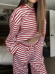 Scarlet striped two-piece lounge set with drawstring pants and long sleeves.