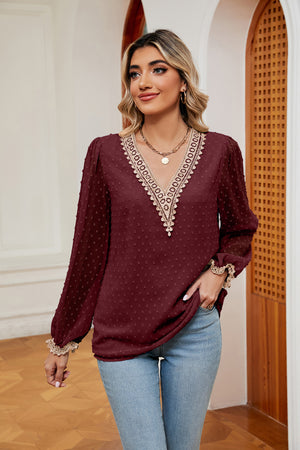 Wine Swiss dot blouse with V-neck lace trim and poet sleeves