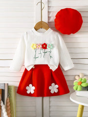 Baby girl red skirt and white floral applique knit top set