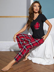 Black/Red plaid pajama set with heart pocket tee and lounge pants.