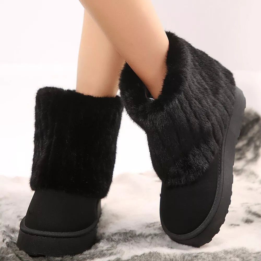 Black faux fur platform ankle boots with plush lining and thick soles.