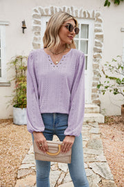 Lavender eyelet yoke blouson sleeve top with v-neck detail