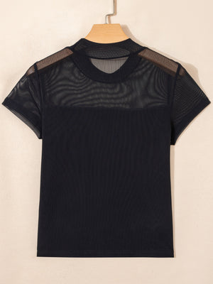 Black sheer mesh cap sleeve t-shirt with mock neck and ribbed body.