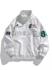 White casual zip-up jacket with graphic prints and ribbed cuffs and hem.