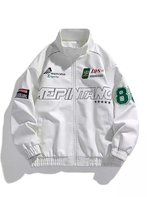 White casual zip-up jacket with graphic prints and ribbed cuffs and hem.