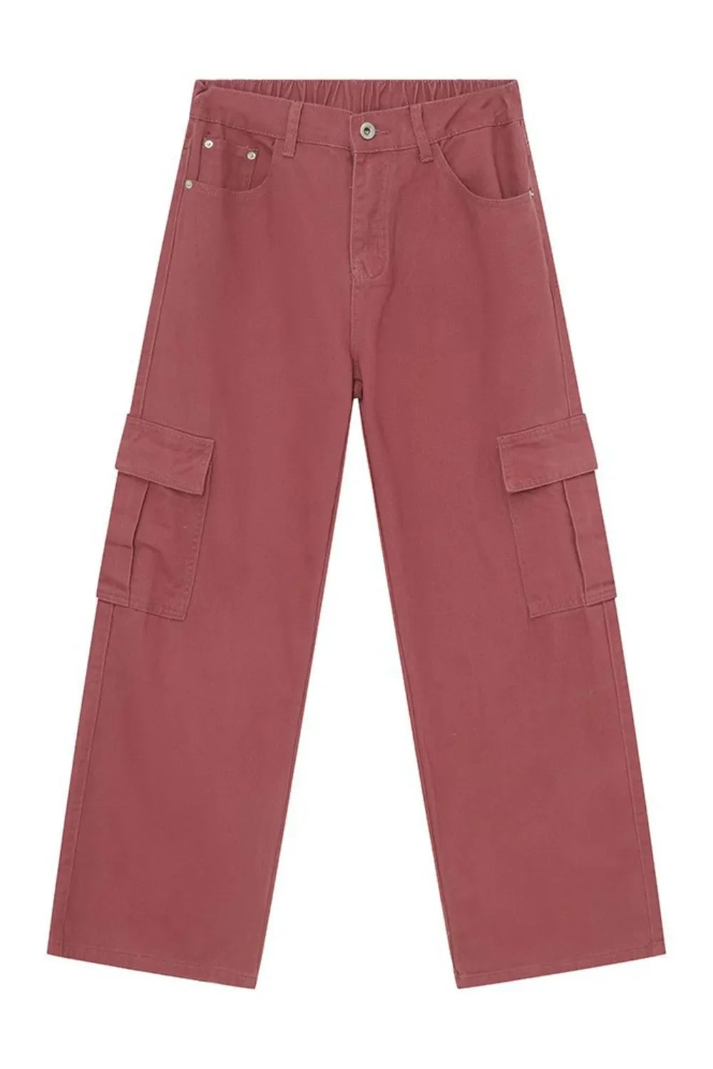 Skyline cargo pants in mauve with button and elastic waist, front pockets and side cargo pockets.