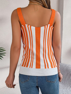 Orange and white striped knit tank top with button front detail