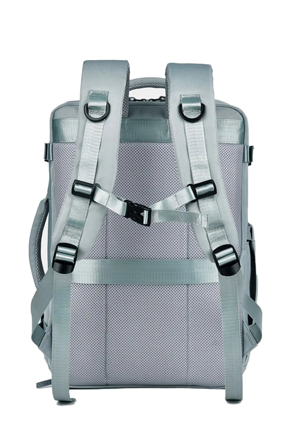 Structured grey backpack with padded straps and chest strap detail