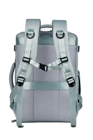 Structured grey backpack with padded straps and chest strap detail