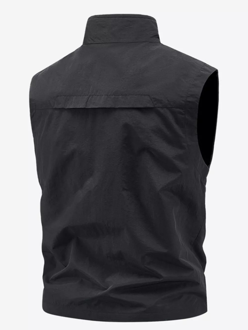Black men's outdoor vest with stand collar and back yoke detail.