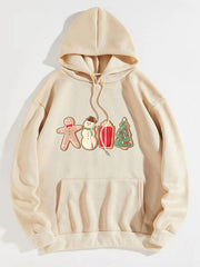 Cream hoodie with festive cookie graphic, adjustable hood, long sleeves, and front pocket.
