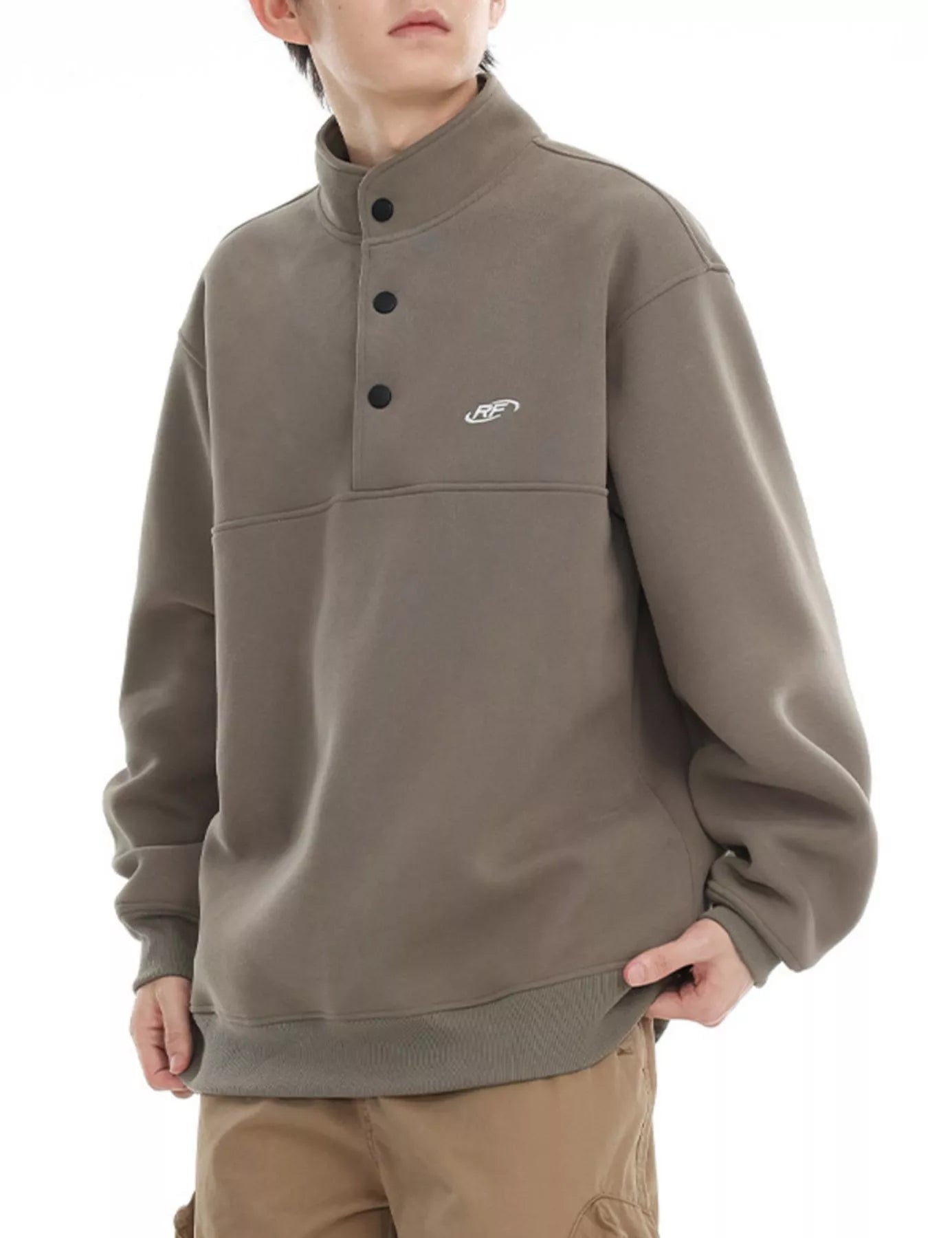 Khaki buttoned sweatshirt pullover with mock neck and embroidered logo detail.