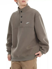 Khaki buttoned sweatshirt pullover with mock neck and embroidered logo detail.