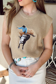 Tan knit tank top with rodeo graphic, crew neck, sleeveless, acrylic material