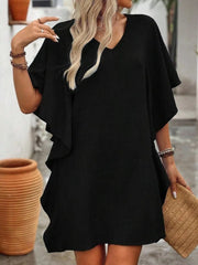 Black mini dress with v-neck and ruffled flutter sleeves.