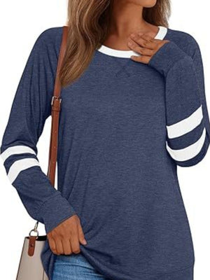 Heathered dark blue long sleeve t-shirt with white stripes on sleeves and white neckline
