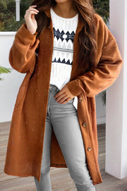 Caramel quilted overshirt jacket with patch pockets and button front, styled casually.