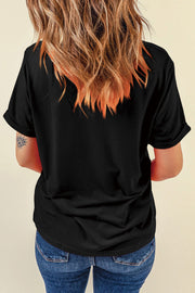 Black glittered Americana tee with rolled short sleeves and a casual fit.