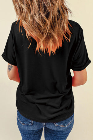 Black glittered Americana tee with rolled short sleeves and a casual fit.
