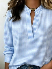 Full Size Plaid Notched Long Sleeve Blouse, side view