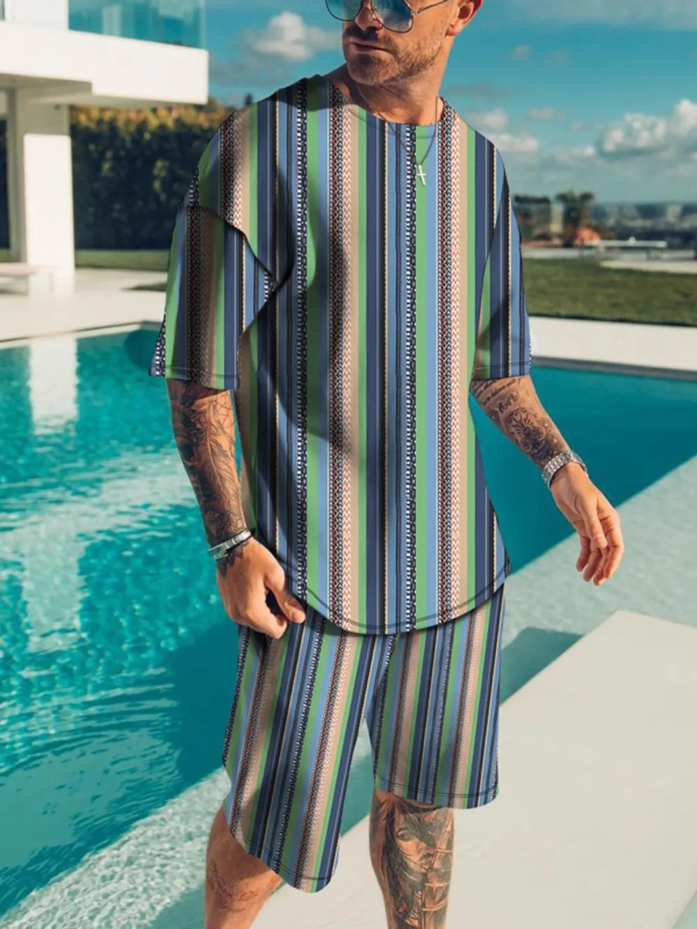 Men's Full Size Striped Short Sleeve Top & Shorts Set, model styling view