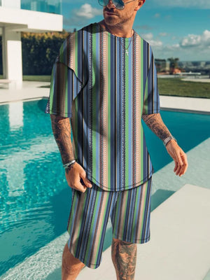 Men's Full Size Striped Short Sleeve Top & Shorts Set, model styling view