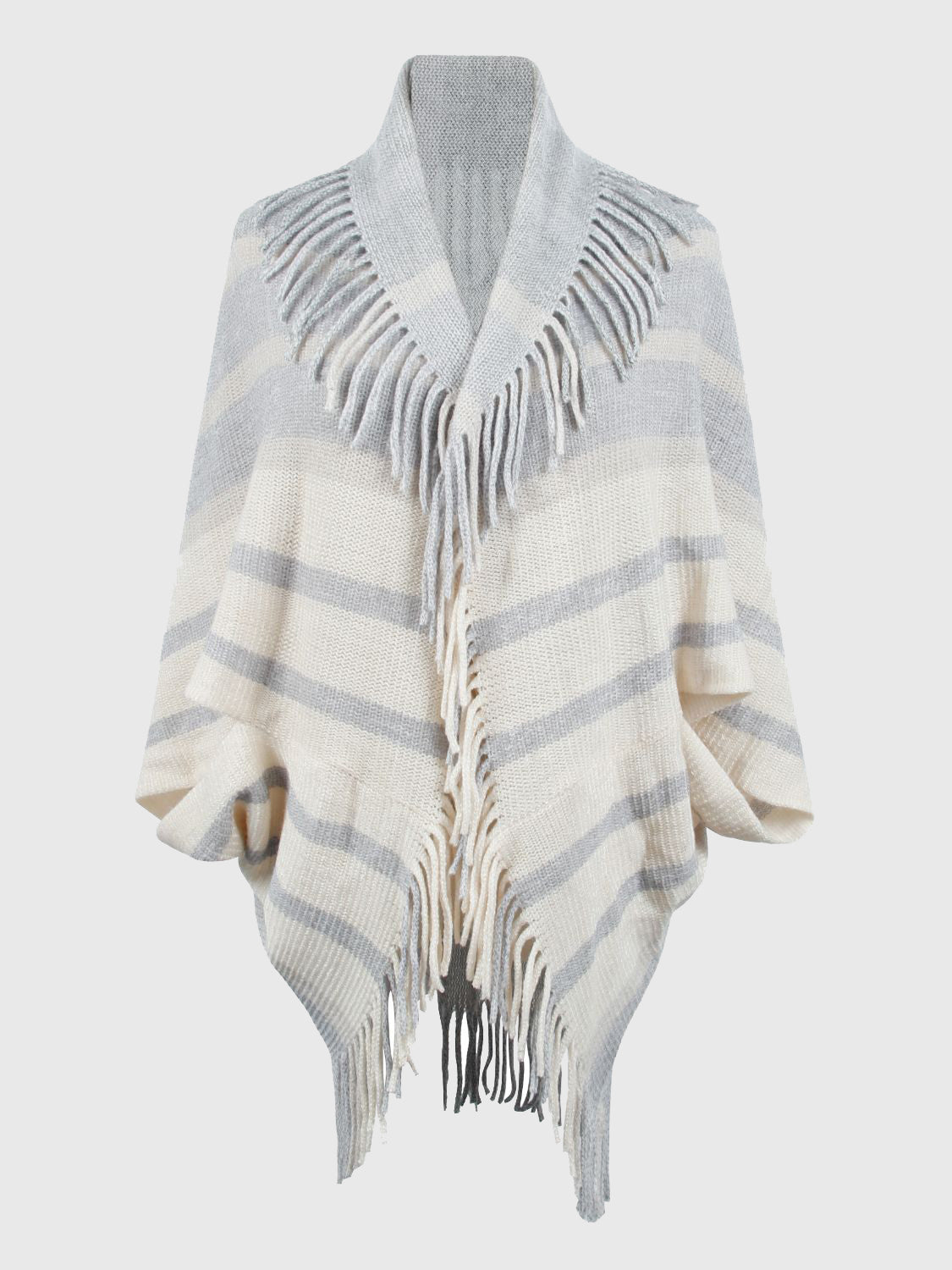 Textured fringe capelet in ivory with grey stripes and fringe detail.