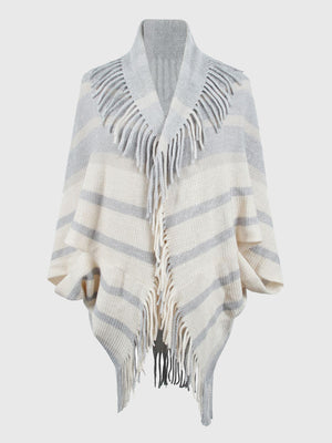 Textured fringe capelet in ivory with grey stripes and fringe detail.