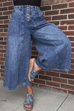 Maternity wide-leg jeans in blue denim with a high waist and button-fly closure.