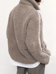 Teddy fleece zip-up jacket in Mocha with contrast piping detail on sleeve