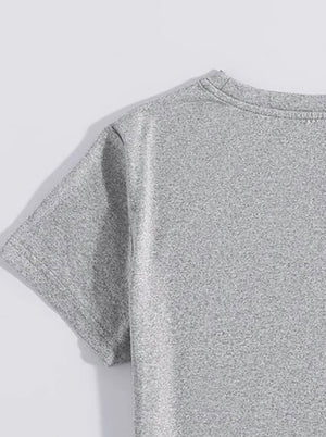 Gray t-shirt with short sleeves and crew neck, showing fabric texture.