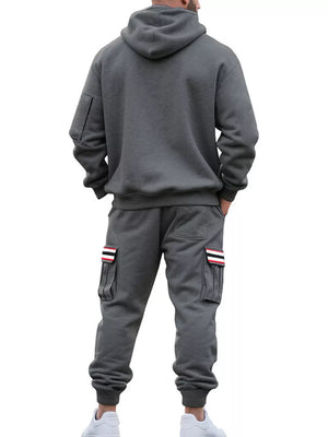 Men's Casual Half-zip Hoodie And Cargo Pants Set in Navy Blue, fit detail