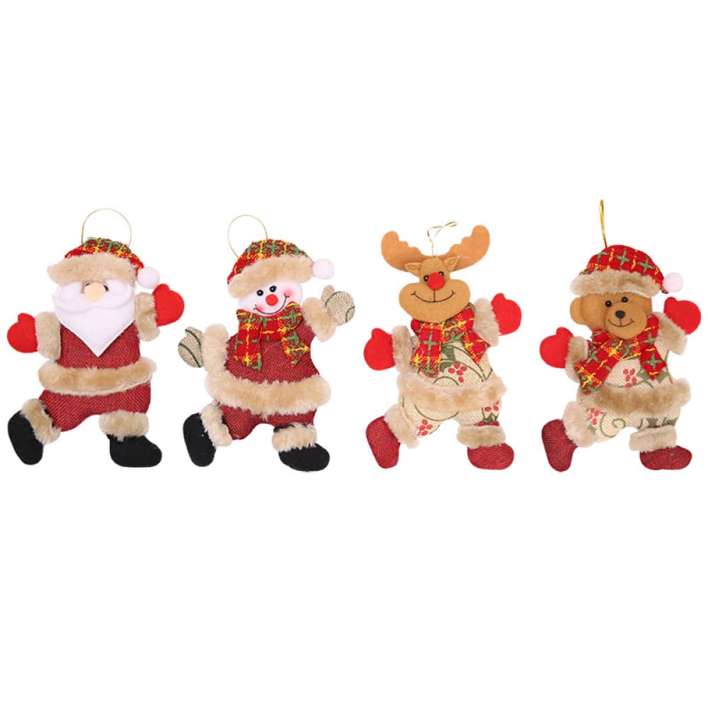 4-piece Christmas character ornaments: Santa, snowman, reindeer, and bear in red and beige with plaid scarves.
