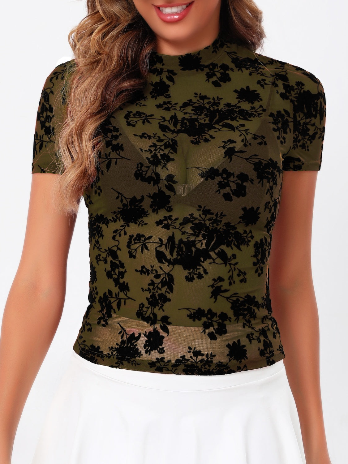 Moss velvet floral mesh mock neck top with short sleeves.
