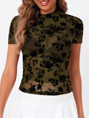 Moss velvet floral mesh mock neck top with short sleeves.