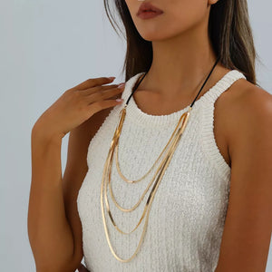 Multi-layered 18k Gold-plated Snake Chain Necklace in Gold, close-up detail