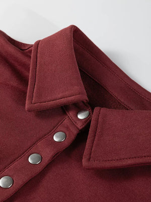 Burgundy cotton sweatshirt with snap buttons and collar detail