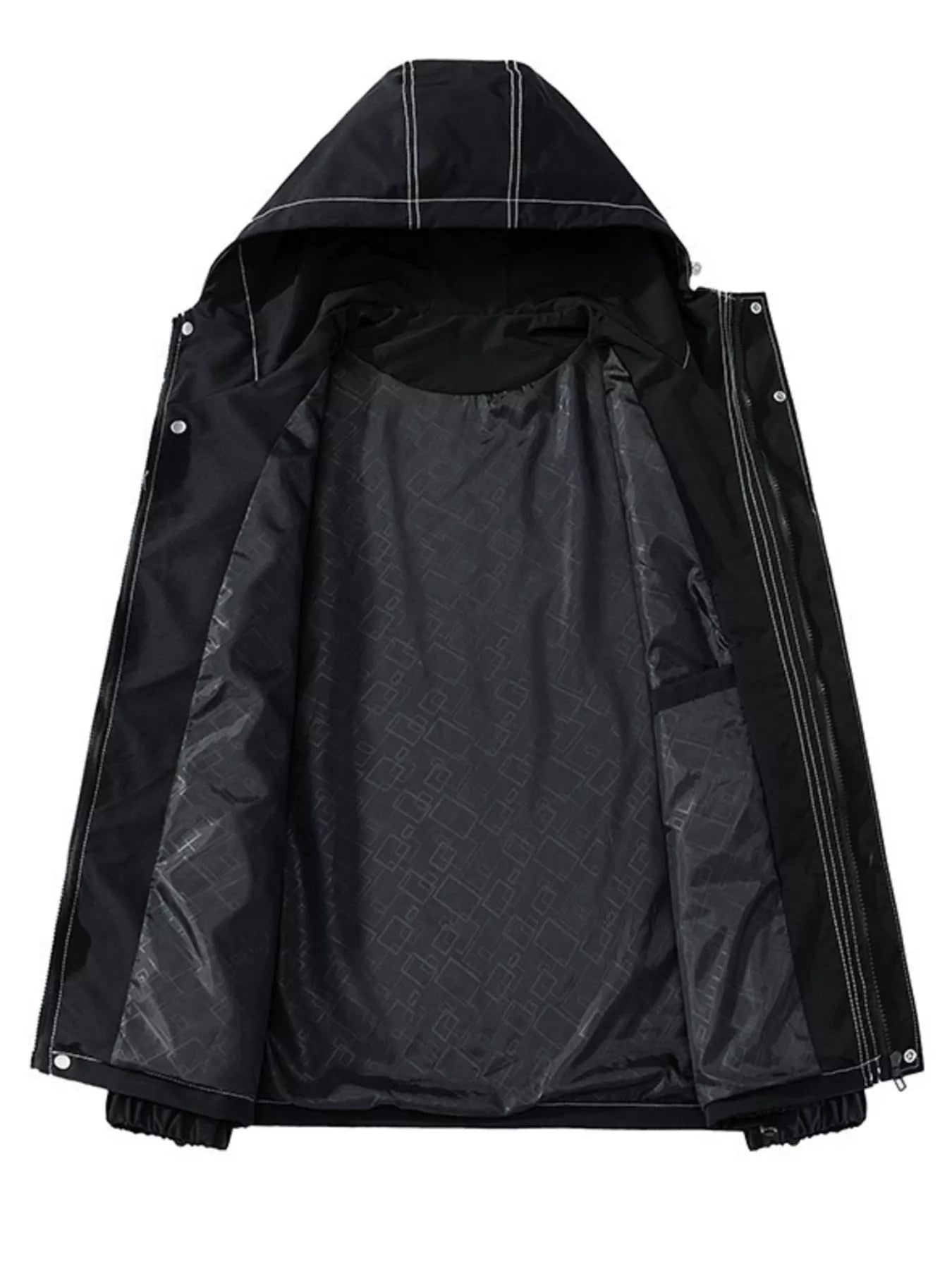 Black hooded zip jacket with white contrast stitching and patterned lining.