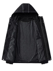 Black hooded zip jacket with white contrast stitching and patterned lining.
