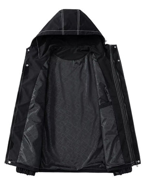 Black hooded zip jacket with white contrast stitching and patterned lining.