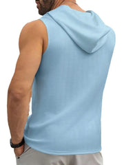 Light blue ribbed knit sleeveless hoodie with hood.