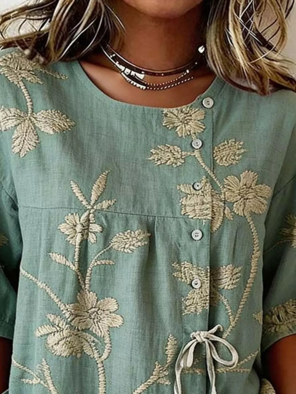 Embroidered Floral Tie Front Shirt Plus Size in Blue, side view