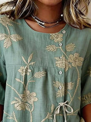 Embroidered Floral Tie Front Shirt Plus Size in Blue, side view